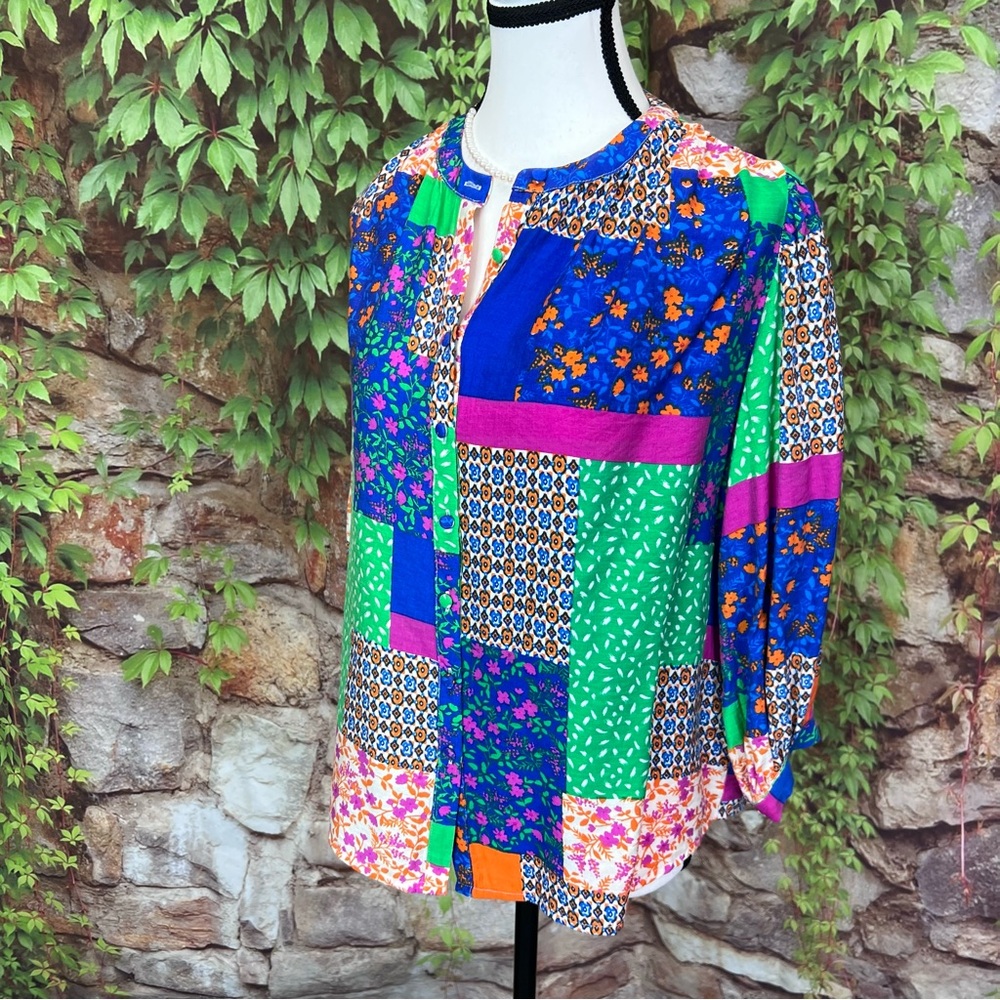 FATE Mixed Media Half-Placket Patchwork Blouse, S - image 3